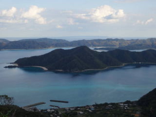 山の上から見た竜郷湾と竜郷集落でおます!