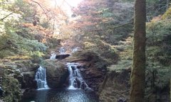 落ちてくる水が、途中の岩で分かれてるんで荷物担いでるみたいやでぇ!